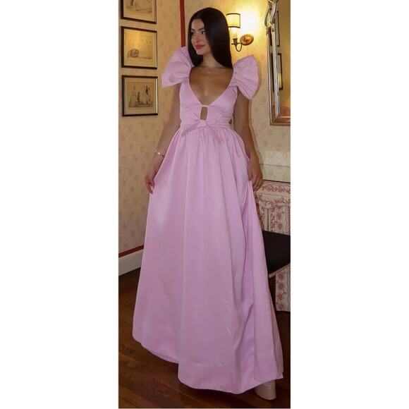 For Love & Lemons Miriam Ruffle Sleeve Bow Detail Pink Maxi Dress Sz Small - Picture 7 of 15